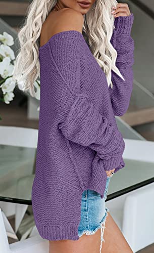 Image of Women's Off Shoulder Knit Sweaters Oversized V Neck Long Sleeve Loose Lightweight Pullover Tops