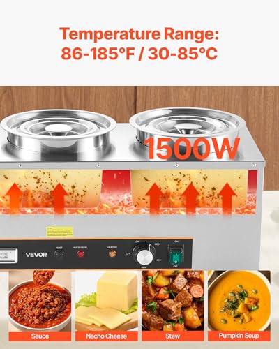 Image of VEVOR Electric Soup Warmer, Three 6.34QT Stainless Steel Round Pot with 86~185F Adjustable Temp, 1500W Commercial Bain Marie with Anti-Dry Burn and Reset Button, Soup Station for Restaurant, Buffet