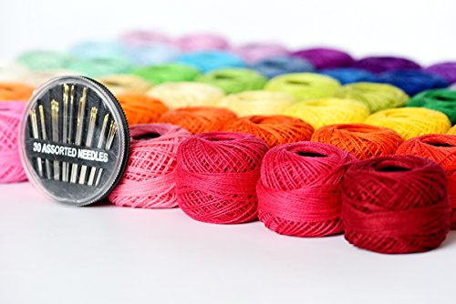Image of LE PAON 48 Crochet Thread Set Balls 100% Long-Staple Cotton Rainbow Colors of Size 8 Threadand Free 30 Golden Needles 48 Balls for Crochet Hardanger Cross Stitch Needlepoint Hand Embroidery