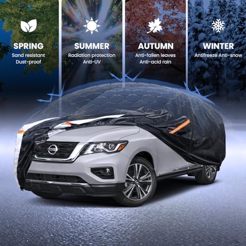 Image of Multi-Layer Car Cover Custom Fit for Nissan Pathfinder(2004-2026), 100% Waterproof All Weather for Automobiles, Gift with Towel, Heavy Duty Car Covers for Rain Sun UV Protection with Door Zipper