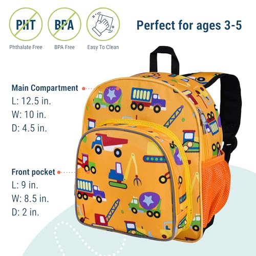Image of Wildkin 12 Inch Backpack, Includes Insulated, Food-Safe Front Pocket and Side Mesh Water Bottle Pocket, Perfect for Preschool, Daycare, and Day Trips, Olive Kids Design - Under Construction