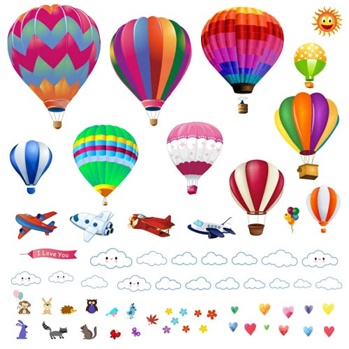 Wall Decals - Large Hot Air Balloon Stickers - Decorative Vinyl Peel and Stick Classroom Decorations Wall Art Mural for Childrenâ€™s Bedroom, Baby Nursery and Playroom - 49pcs