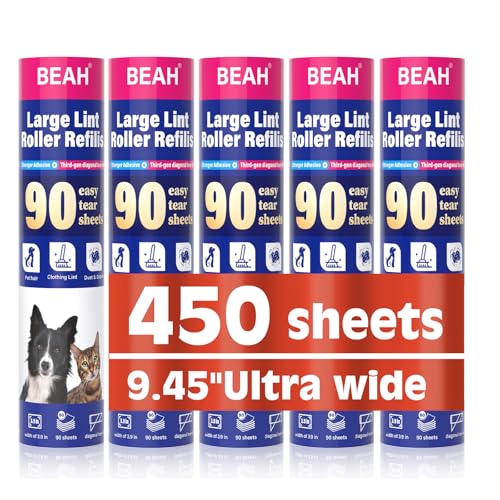 BEAH Lint Roller Refills (5 Packs, 450 Sheets) Lint Rollers for Pet Hair, Extra Sticky Refills, Compatible with 9.45-inch lint Rollers requiring a 1.5-inch Inner Diameter