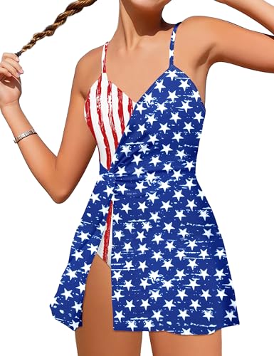 Image of Oranchids Girls Bathing Suits Size 8-10 Girls 4th of July Swimsuit One Piece Swimsuits American Flag Patriotic Swimsuit V Neck Swim Dress