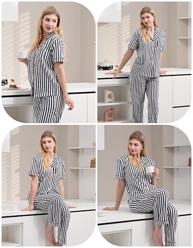 Image of NAP BOUND 100% Cotton Women's Pajama Sets Short Sleeve Button Down Soft Pjs 2 Piece Lounge Set with Pocket Nightwear XS-XXL