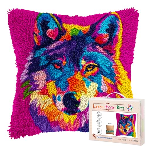 Animal Colorful Wolf DIY Latch Hook Pillow Kits for Adults Printed Pillowcase Crochet Yarns Hooking Handmade Pillow Cover Cushion for Home Sofa Decoration 17x17inch