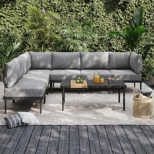 Sundale Outdoor Metal Patio Furniture Set, Modern Outdoor Sectional Sofa | 6 Inch Olefin Cushion, Coffee Table, Weather-Resistant, Semi-Assembled, Modular Conversation Set for Balcony, Yard