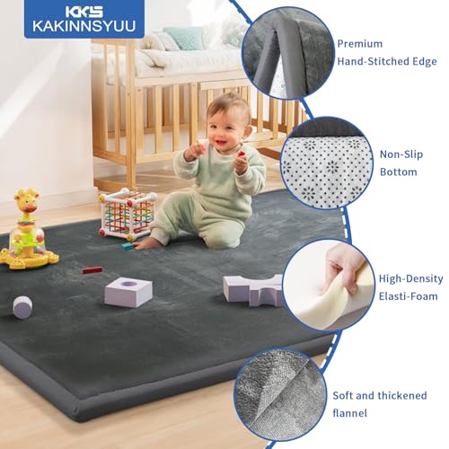 Image of 1.3 inch Thick Large Baby Play Mat 79 inchx59 inch - Non-Slip Memory Foam Crawling Mat for Tummy Time, Playpen, Nursery, Living Room, Dark Gray