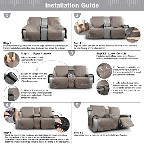 Image of TAOCOCO Polyester Loveseat Recliner Cover with Center Console, Waterproof Pet Protector for Dual Reclining Furniture, Split Design with Straps, 2 Seater, Taupe