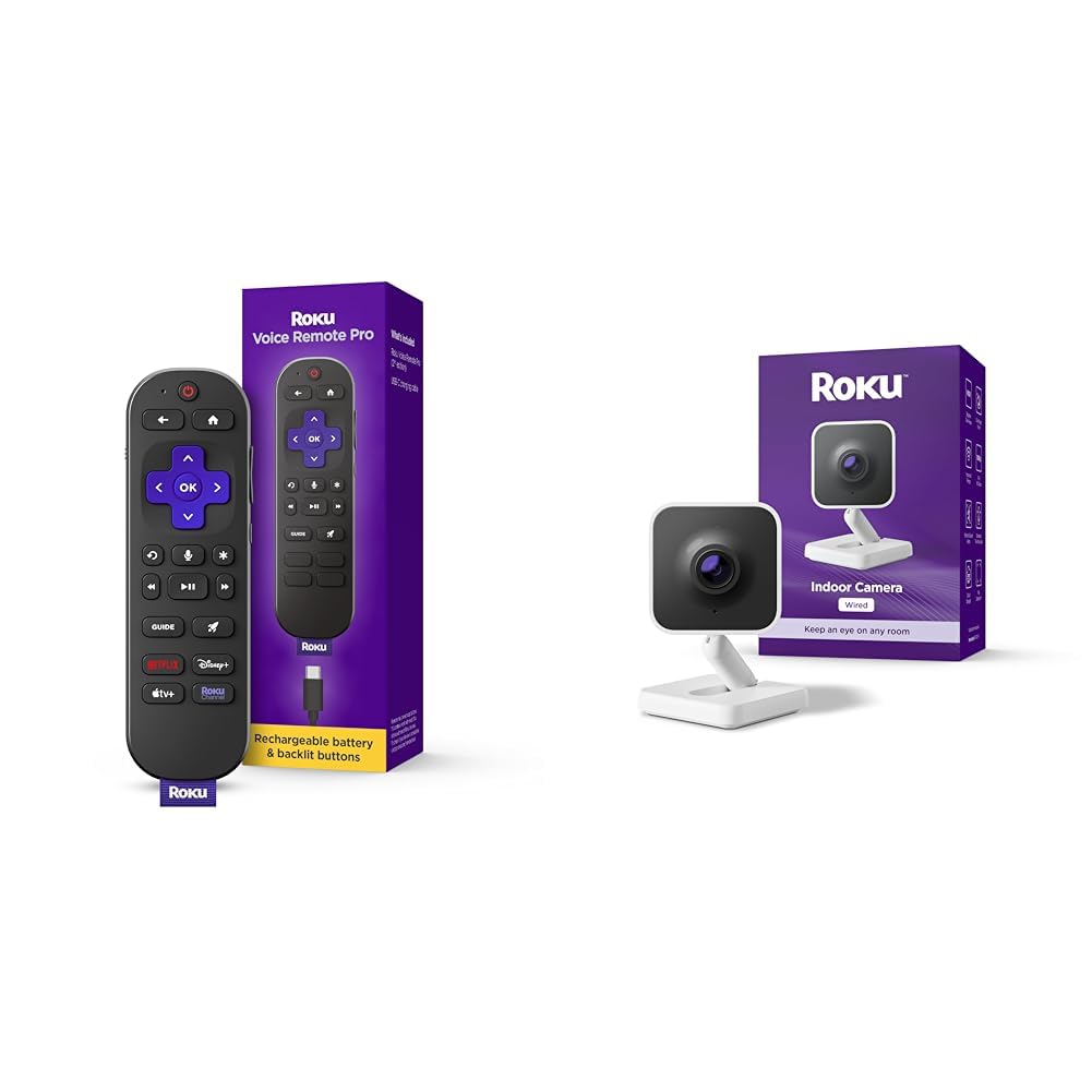 Bundle of Roku Voice Remote Pro (2nd Ed.) | Rechargeable TV Remote Control with Hands-Free Voice Controls + Roku New Indoor Camera - Home Security - 1-Pack - Wired Security Camera with 1080p HD
