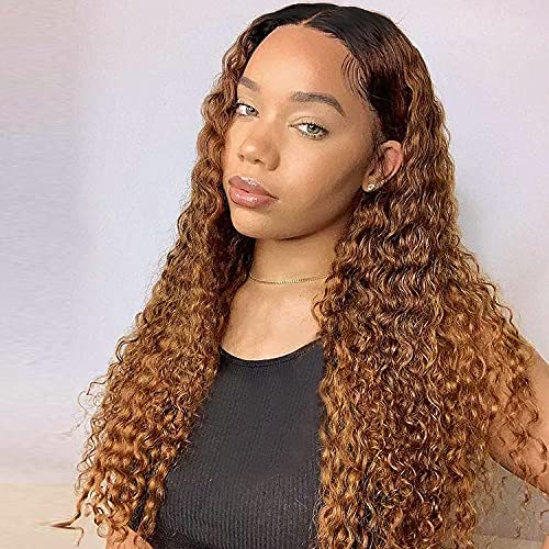 Ombre Brown Deep Wave 13x4 HD Lace Front Wigs Human Hair Pre Plucked with Baby Hair Honey Blonde Colored Curly Wigs for Black Women 150% Density 18 Inch
