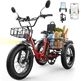 Skeri Electric Tricycle for Adults, 750W(Peak 1350W) Motor Etrike, 20'x4' Folding Fat Tire Electric Trike, 48V13Ah Battery, 3-Wheel Electric Bike, Front & Rear Basket & Differential, Horizon Red