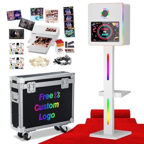 Mirror Photo Booth with Printer DSLR Photo Booth Built-in Mini PC with 15.6 Touch Screen App Remote Music Sync RGB Lights Flight Case Instant Print and Share for Parties Weddings Event Rental