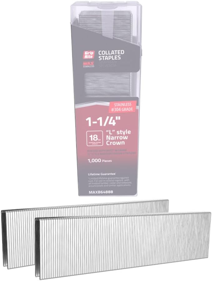 Grip-Rite PrimeGuard Max MAXB64888, Narrow Crown Staple 18GA, 1/4" x 1-1/4", 304 Stainless Steel, 1000 Staples, Clamshell Packaged