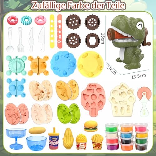VBACALA Dinosaur Modelling Clay Set 42 Pieces with Kitchen Creations Pasta Machine, 5 Dino Egg Moulds, 12 Colours Modelling Clay and Kneading Tool, Creative Toy Gift for Children from 3 Years Boys and