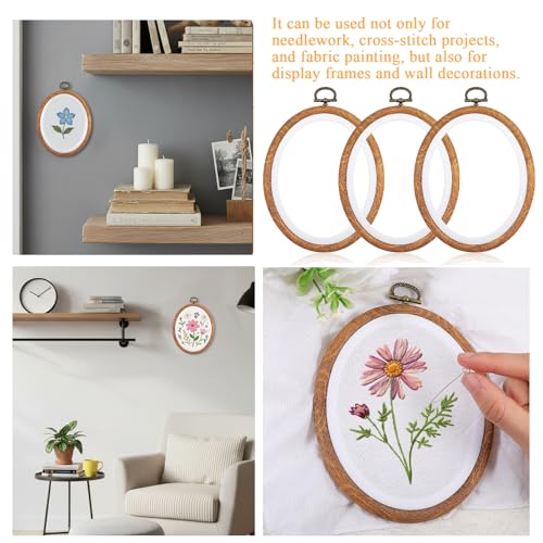 Image of 3PCS Oval Embroidery Hoop Wood 6x5 Inch Embroidery Hoops, Imitated Wood Cross Stitch Ornament Frames for Art Craft Sewing Ornaments Hanging Decoration and Christmas Ornaments