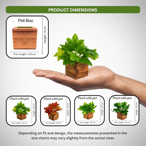 Image of DecoreBugs Artificial Leaves Potted Plants in Wooden Pot (4 Pack) Money Plant | Small Plants for Home Decor | Office Decor
