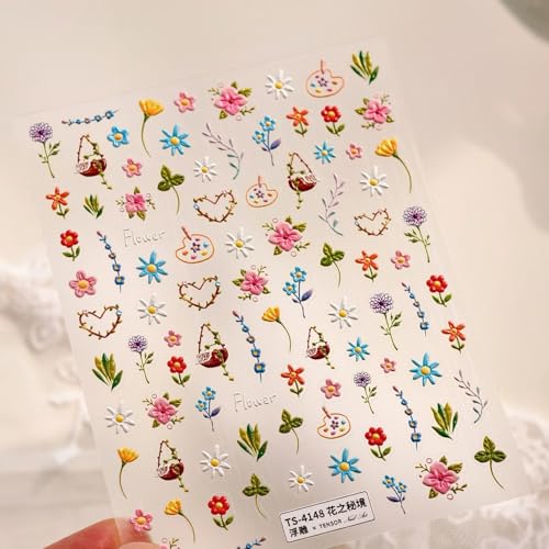 Image of Flower Nail Art Stickers Colorful Floral Nail Stickers Leaf Plant with Design 5D Embossed Self Adhesive Nails Decals Charms for Women Manicure Decoration Accessories 1 Sheets