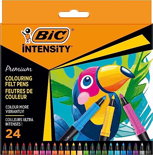 Bic - 24 Rotuladores Colorear Premium Intensity En Oferta Bic Intensity Premium Rotuladores Para Colorear Con Cuerpo Negro Y Cómodo Grip De Goma - Colores Surtidos, Pack De 24