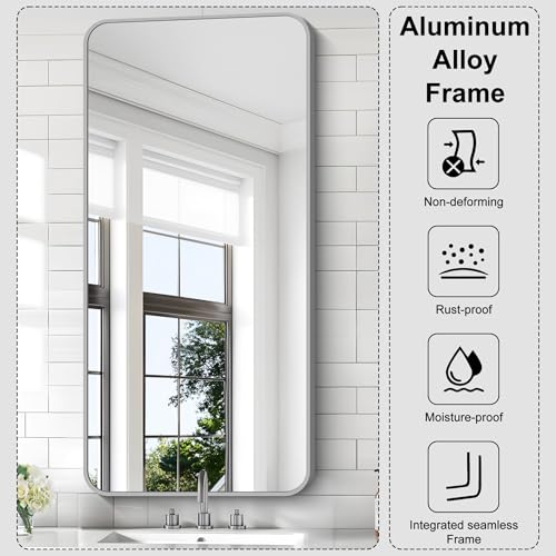 Image of KOCUUY Silver Bathroom Mirror, 24x48 Inch Bathroom Mirror for Over Sink, HD Tempered Glass, Anti-Rust Brushed Silver Frame, Rounded Corner Modern Design for Bathroom, Hang Horizontal /Vertical