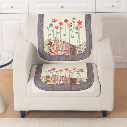 Image of HOKIPO HeavenHue Sofa Cover 1 Seater for Seat & Back, Floral Patchwork