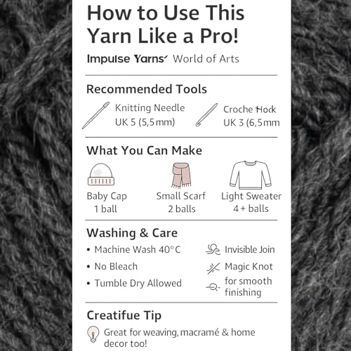 Image of WOAFashions Impulse Hand Knitting & Crochet Yarn, Premium Acrylic, 4 : Medium (Grey Mixture) (4x100gms / 14.1oz)