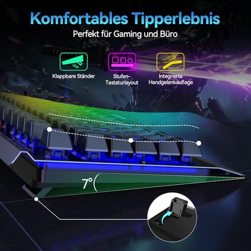 TECKNET Gaming-Tastatur Kabellos, QWERTZ-Tastatur (Deutsches Layout), Membran Tastatur mit 105 Tasten, Vollmetall-Pane, RGB Beleuchtung, Handgelenkauflage, 25 Anti-Ghosting-Tasten für Gamer & Büro 5
