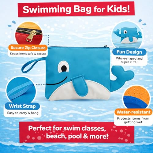 Image of Waterproof Swimming Bag for Kids | Mini Preschool Nursery Travel Backpack | Wet Dry Separation Beach Storage Bag for Boys & Girls (Whale Shape Blue-White)
