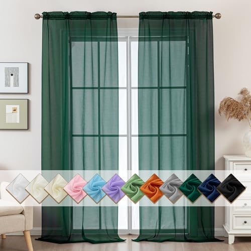 Image of Green Sheer Curtains 108 Inches Extra Long, Privacy Semi Sheer Curtains for Living Room Bedroom, Light Filtering Rod Pocket Voile Window Drapes 2 Panels Set, Each 42 inch W x 108 inch L