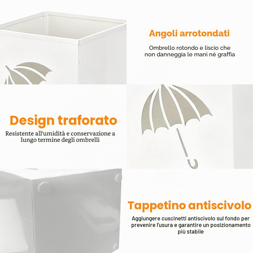 CEWROM Portaombrelli in metallo, impermeabile e antiruggine, portaombrelli quadrato autoportante, vassoio raccogligocce rimovibile per casa, ufficio, ingresso (bianco)
