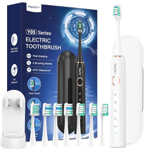 Brosse À Dent Électrique Soniques pour Blanchiment Dentaire - Brosse A Dent Sonique Adultes avec 8 Têtes et Étui de Voyage, 5 Modes, Étanche IPX7, Brosse A Dent Electrique Voyage Rechargeable, Blanc