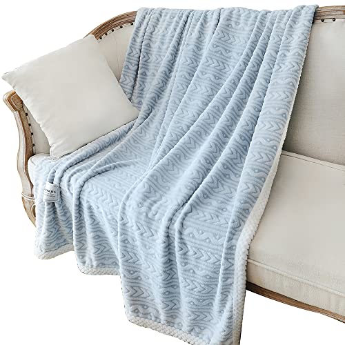 Queenshin Plaid Polaire Fluffy Bleu Clair Rayure, Grand Couverture Polaire Douce et Chaude Jeté de Lit Canapé, 150 x 200 cm Cover