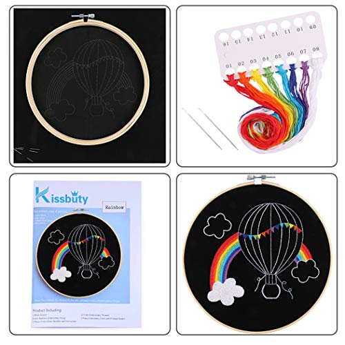 Full Range of Embroidery Starter Kit with Pattern, Kissbuty Cross Stitch Kit Including Embroidery Cloth with Pattern, Bamboo Embroidery Hoop, Color Threads and Tools Kit (Rainbow Hot Air Balloon)