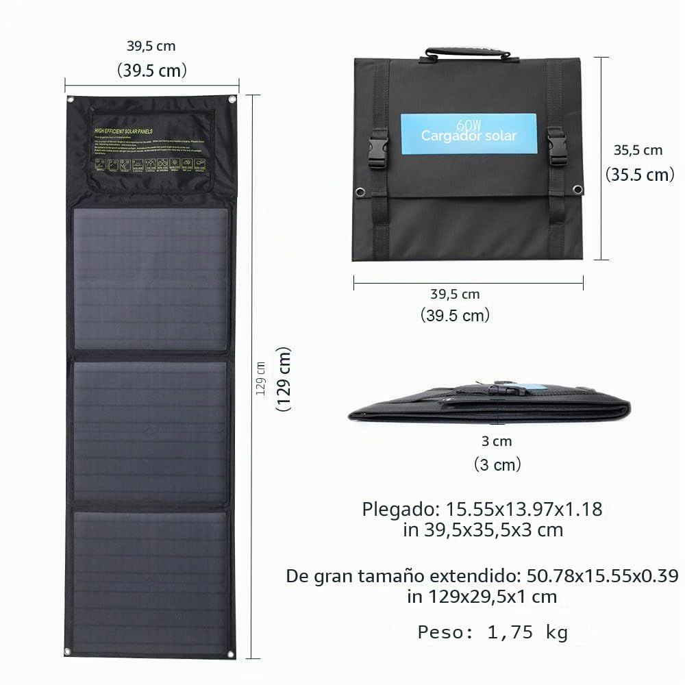 60W Cargador Solar Portátil para Exteriores - Cargador de batería Solar Plegable - 3 Paneles a Prueba de Agua, Carga rápida Tres Puertos para Acampar iPhone iPad Samsung LG Teléfonos y Dispositivos