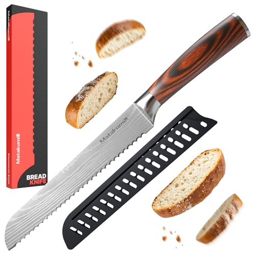 Matakumi Couteau à Pain 20 cm Lame Dentelée – Extra Tranchant Couteau Pain Fabriqué en Acier Inoxydable – Couteau à Pain en Style Damas – Couteau...