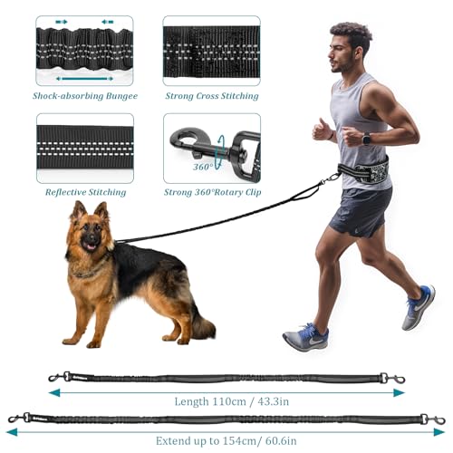 Philorn Joggingleine Hunde, Freihändig Laufleine, Bauchgurt Hundeleine zum Joggen Laufen Wandern mit Dual Griffe, Reflektierende Nähte (Schwarz)