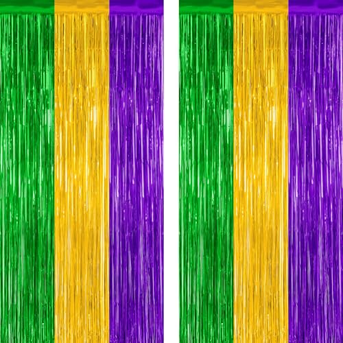 Image of ZATAYE 2 Pack Purple Gold Green Foil Curtain Streamer Decorations | Purple Gold Green, Metallic Foil, 3.28 x 7.05 FT, Tinsel Backdrop, Foil Curtain Streamer, Party Decorations