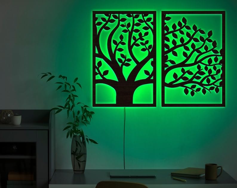 Tree of life wall art wood,Tree of life led sign,Tree of life led light,Wooden leaf wall decor,3 piece wall art set,Led wood wall art