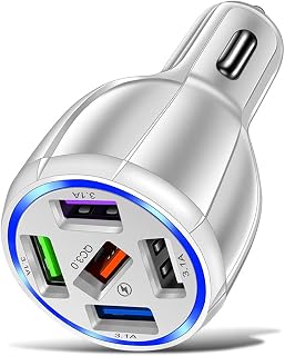 White 5-Port USB Fast Car Charger, QC3.0 Fast Charging Car Charger Adapter Car Phone Charger with LED Light Display, Compatible with iPhone & Android,Samsung Galaxy S10 S9 Plus and More(White)
