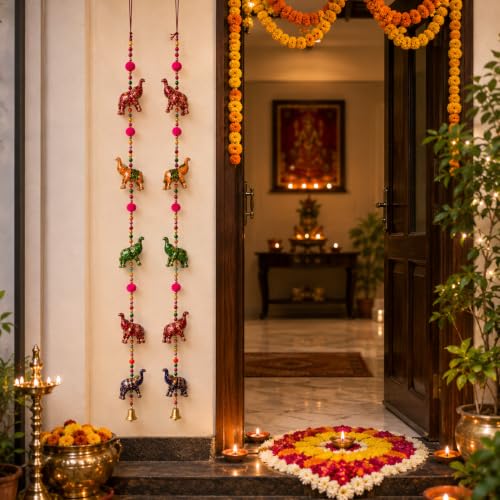 Image of Bindian Toran For Main Door, Decorative Door Thoranam Hanging, Diwali Decoration For Home Entrance, Wall Decor Hanging Ornament, Traditional Festive Welcome Decor For House, Pooja (Elephant Pack of 2)