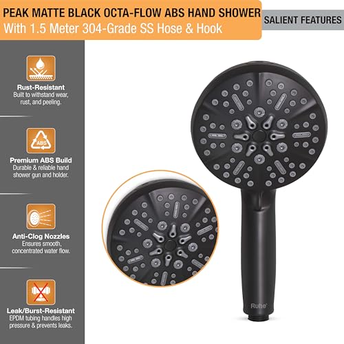 Image of Ruhe Peak Multi-Functional Octa-Flow Modes ABS Hand Shower with 1.5 Meter 304-Grade Stainless Steel Hose & Hook, Matte Black Finish