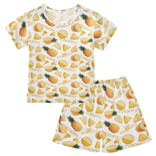 Yellow Pineapple Pattern Pajama Set, Short Sleeve Cotton Sleepwear Nightwear