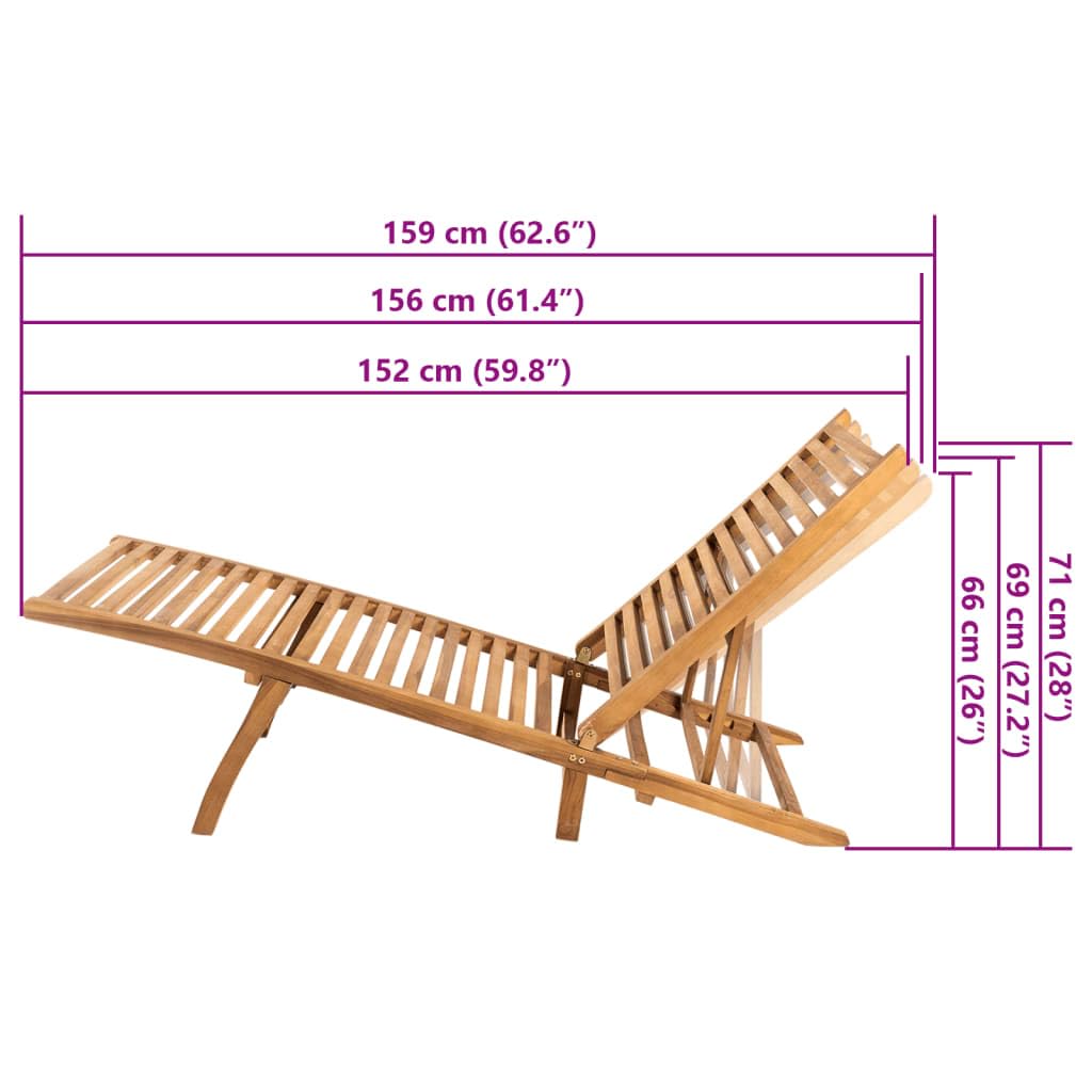 Tumbona de madera maciza de teca, tumbona de jardín ajustable plegable, tumbona ergonómica de madera para jardín, terraza y piscina, tumbona de relax estable sin soporte, 161 x 55 cm