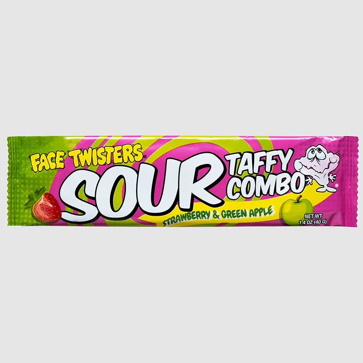 Miniatura 6 de Face Twisters Sour Taffy Combo de fresa y manzana verde  Paquete de 4 barras grandes de caramelo agrio