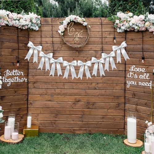 Image of 2 Strings of 16PCS White Bow Garlands Banner Decoration,Pre-Strung Satin Ribbon Ornaments for Birthday,Bachelorette Party,Bridal Shower,Wedding,Engagement,Baby Shower, Graduation Decor,Anniversary
