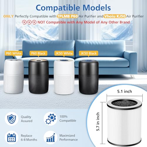 4 Pack P60 Replacement Filter Only Compatible with TPLMB/YARIKI P60 Air Purifier and Vhoiu KJ50 Air Purifier, H13 True HEPA Filter, 3-in-1 Nylon Pre-Filter, HEPA Filter and High-Efficiency Carbon