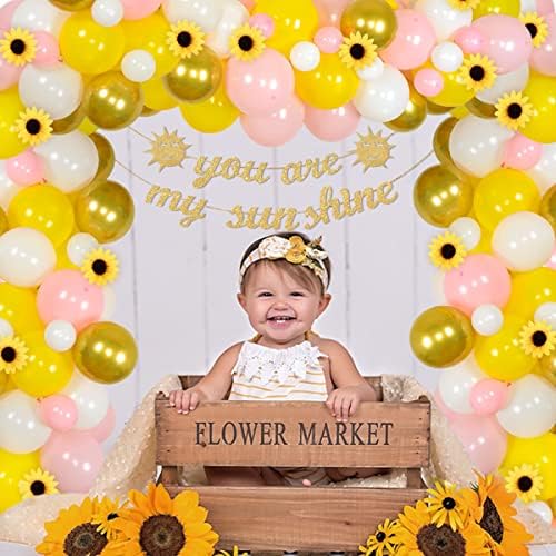 Sunflower Baby Sower Decorations, Yellow Gold White Pink Balloon Garland Arch Kit, You Are My Sunshine Banner, Artificial Sunflowers for Girls Birthday Wedding Graduation Party Supplies