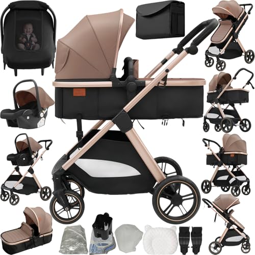 Reenborn Carrito Bebe 3 en 1, Carro Bebe con Diseño Plegable con Un Solo Clic, Cochecito con Dos Modos de Empuje Reversibles, Carricoche 3 Piezas con Marco de Aluminio (V10 Khaki)