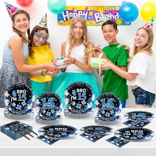 Image of 100 Pcs 15th Birthday Decorations for Teen Boys Blue and Black 15th Plate Napkin Forks Set Disposable Teen 15 Year Old Birthday Tableware Dinnerware for I'm 15 Bro Party Supplies Favors Serve 25