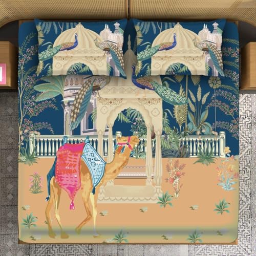 Image of LOOMLYFE 300 TC 7D Digital Print Microfiber Soft Cotton Bedsheet for Double Bed, Size 90X100 Inches with 2 Large Size Pillow Covers Without Joint - CamelPeacock